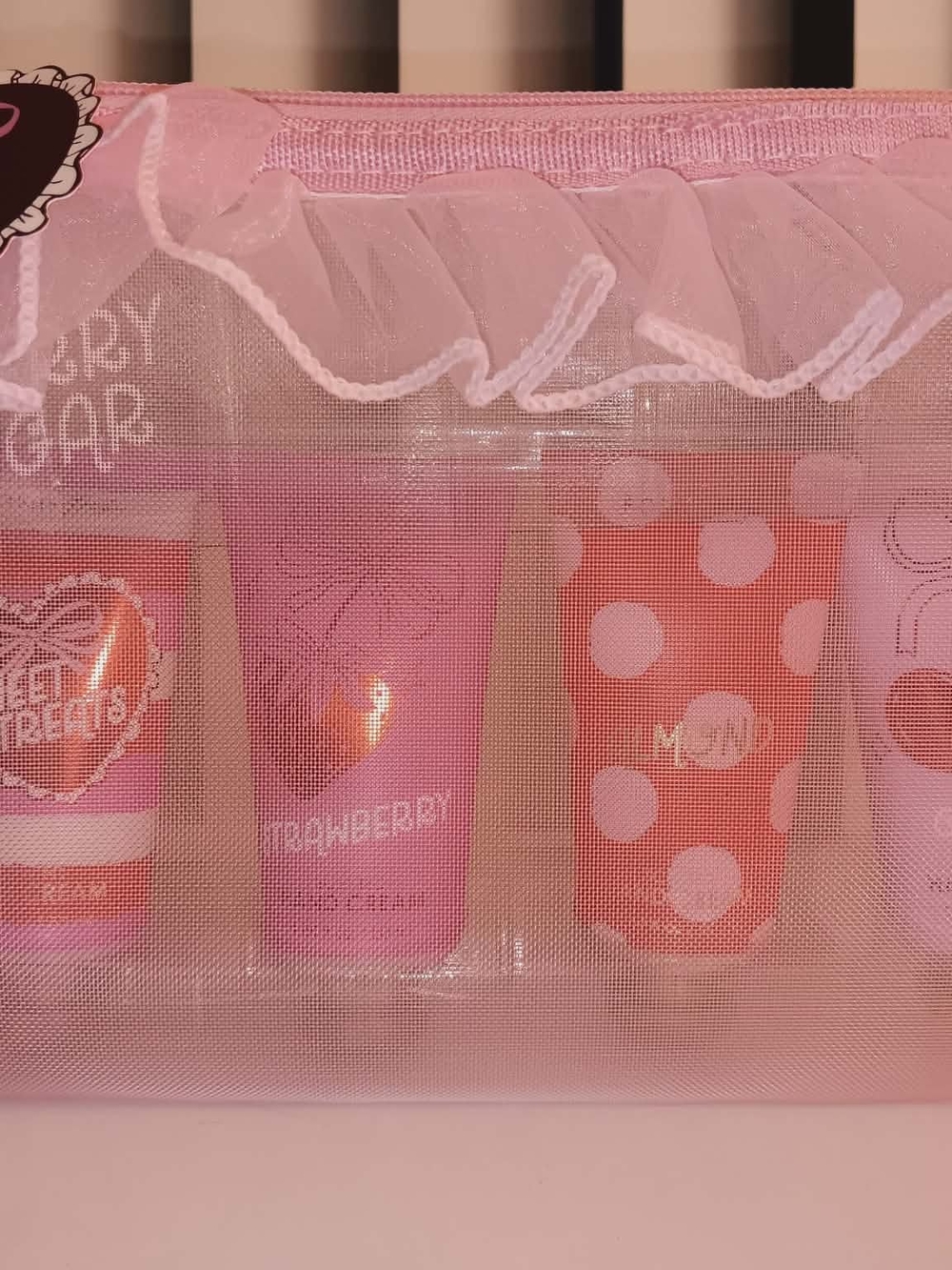 Pink Polka Dot Cosmetic Bag with Assorted Pink Tubes